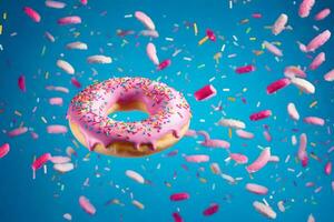 a donut with sprinkles on a blue background. AI-Generated photo