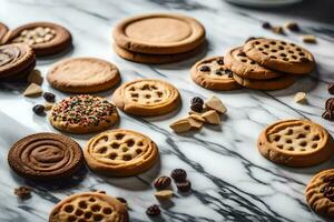 various cookies and cookies on a marble counter. AI-Generated photo