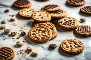 a variety of cookies are arranged on a marble surface. AI-Generated photo