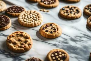 a variety of cookies on a marble counter. AI-Generated photo