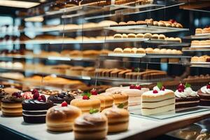 many different types of cakes are on display in a bakery. AI-Generated photo