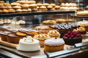 many different types of pastries are on display in a bakery. AI-Generated photo