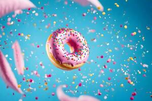 a donut with sprinkles and pink petals. AI-Generated photo