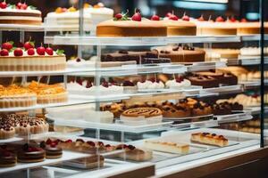 a display case filled with cakes and pastries. AI-Generated photo