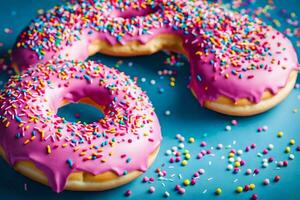 two pink donuts with sprinkles on a blue background. AI-Generated photo