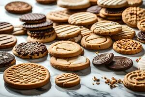 a variety of cookies and cookies on a marble counter. AI-Generated photo