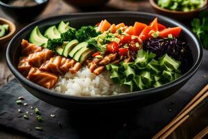 a bowl of sushi with rice, vegetables and other ingredients. AI-Generated photo