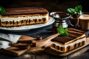 a dessert with chocolate and cream on a wooden board. AI-Generated photo