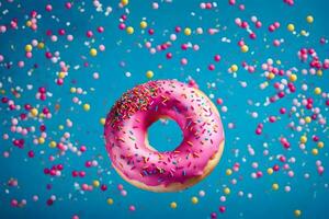 a donut with sprinkles on a blue background. AI-Generated photo