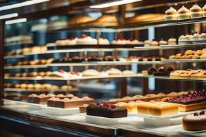 a display case filled with various types of pastries. AI-Generated photo