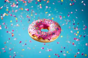 a donut with sprinkles on top of a blue background. AI-Generated photo