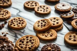 chocolate chip cookies on a marble countertop. AI-Generated photo