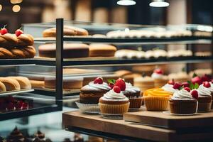 many different types of cakes and pastries in a bakery. AI-Generated photo