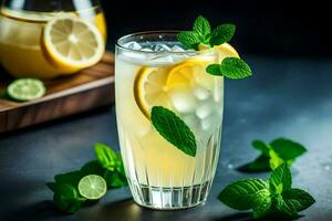 a glass of lemonade with mint leaves and lemons. AI-Generated photo