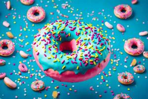 colorful donuts on a blue background. AI-Generated photo
