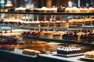 many different types of cakes are on display in a bakery. AI-Generated photo