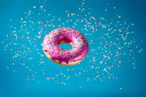 a donut with sprinkles on a blue background. AI-Generated photo