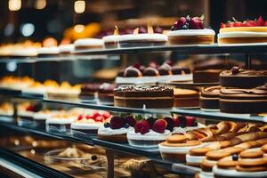 many different types of cakes are on display in a bakery. AI-Generated photo