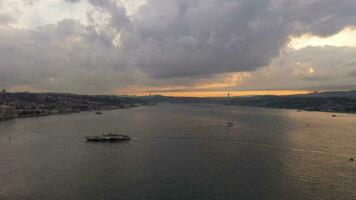 Besiktas and Uskudar Districts of Istanbul on Cloudy Morning in Spring. Turkey. Aerial View. Drone Flies Forward over Bosphorus towards Bosphorus Bridge video