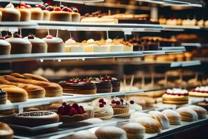 many different types of cakes are on display in a bakery. AI-Generated photo