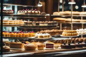 a display case filled with various types of cakes. AI-Generated photo