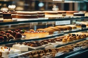 a display case filled with various types of pastries. AI-Generated photo