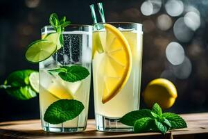 two glasses of lemonade with mint leaves and lemons. AI-Generated photo