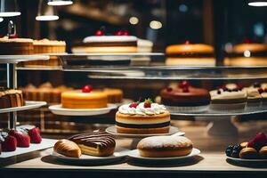 many different types of cakes are on display in a bakery. AI-Generated photo