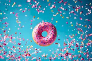 a donut surrounded by confetti on a blue background. AI-Generated photo