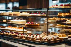 a bakery display case with many different types of cakes. AI-Generated photo