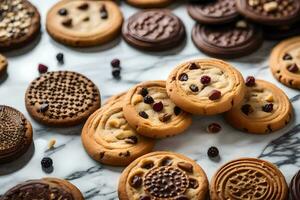 a variety of cookies are arranged on a marble surface. AI-Generated photo