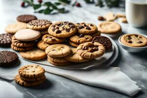 un plato de galletas y Leche en un mesa. generado por ai foto