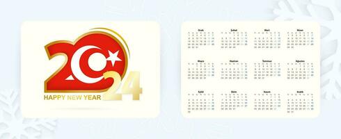 Horizontal Pocket Calendar 2024 in Turkish language. New Year 2024 icon with flag of Turkey. vector