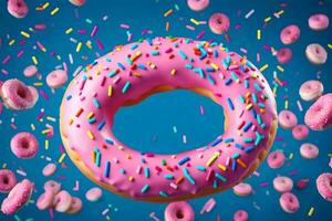 donut with sprinkles on a blue background. AI-Generated photo