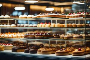 a display case filled with various types of pastries. AI-Generated photo