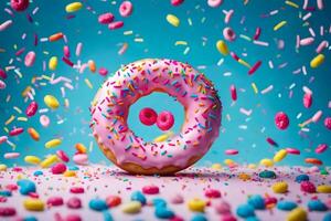 a donut with sprinkles and colorful sprinkles on a blue background. AI-Generated photo