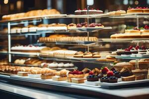 a bakery display case with many different types of pastries. AI-Generated photo