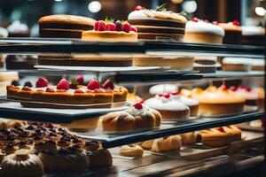 many different types of cakes are on display in a bakery. AI-Generated photo