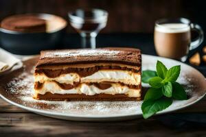 un rebanada de Tiramisu en un plato con un vaso de café. generado por ai foto