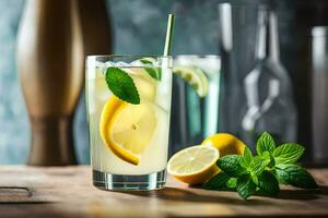 lemonade in a glass with mint leaves. AI-Generated photo