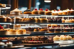 many different types of cakes are on display in a bakery. AI-Generated photo