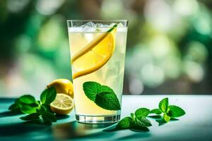 a glass of lemonade with mint leaves and lemon slices. AI-Generated photo