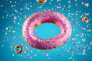 donut with sprinkles on a blue background. AI-Generated photo