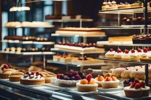 many different types of desserts are on display in a bakery. AI-Generated photo