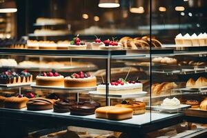 a bakery display case with many different types of cakes. AI-Generated photo