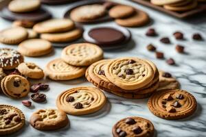 various cookies and chocolate chips on a marble table. AI-Generated photo