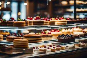 many different types of cakes are on display in a bakery. AI-Generated photo