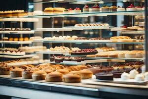 a bakery display case with many different types of pastries. AI-Generated photo