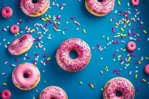 pink donuts on a blue background. AI-Generated photo