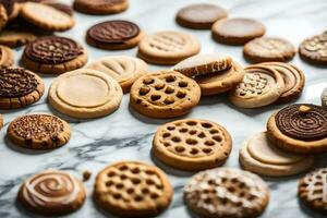 a variety of cookies are arranged on a marble surface. AI-Generated photo